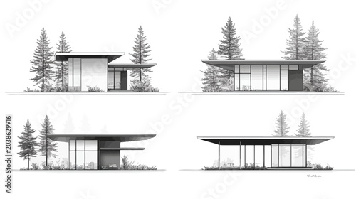 Architectural sketches depict modern minimalist houses with large windows and flat roofs