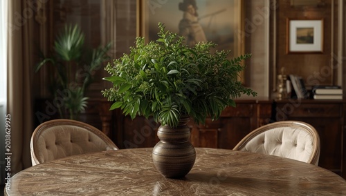 Comfortable living room with a decorative vase packed with greenery situated on a round dining table