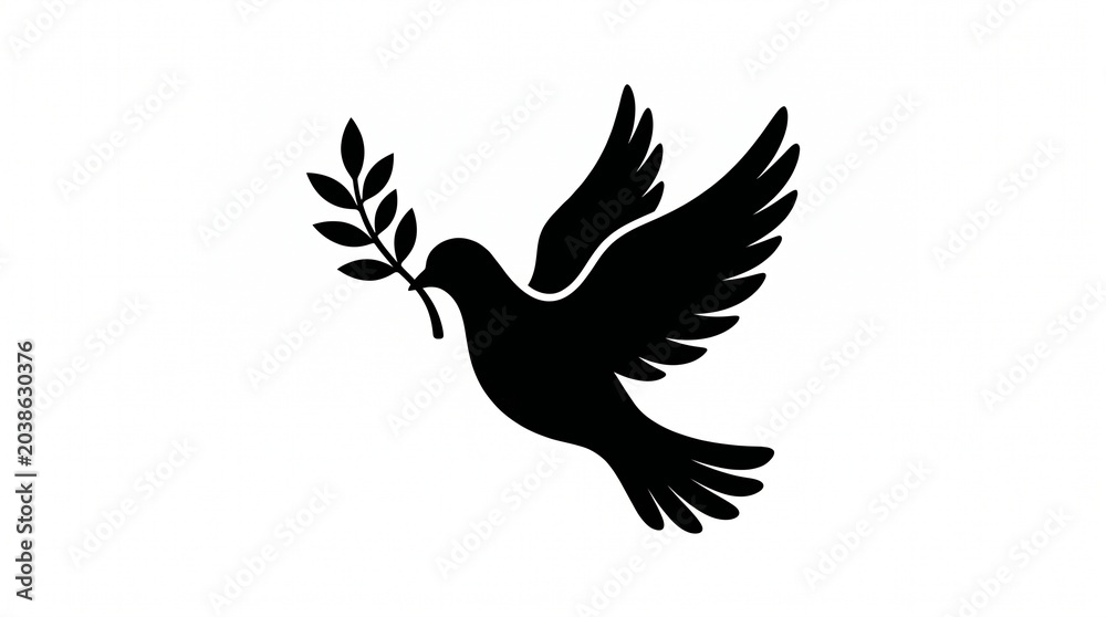 Obraz premium Peace Dove Silhouette with Olive Branch, Clean Black Bird Vector Icon Isolated on White Background