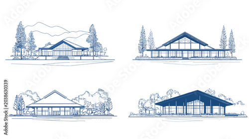 Four architectural renderings of modern buildings with trees, mountains, and skies