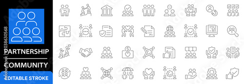 Partnership and community line icon set. Teamwork, business cooperation, charity, social support and leadership outline symbols. Editable stroke.
