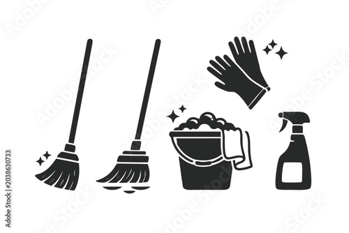 Set of black cleaning supply icons featuring a broom, mop, bucket, gloves, and spray bottle in a minimal vector style for sanitation service, household chores, hygiene, and domestic maintenance.