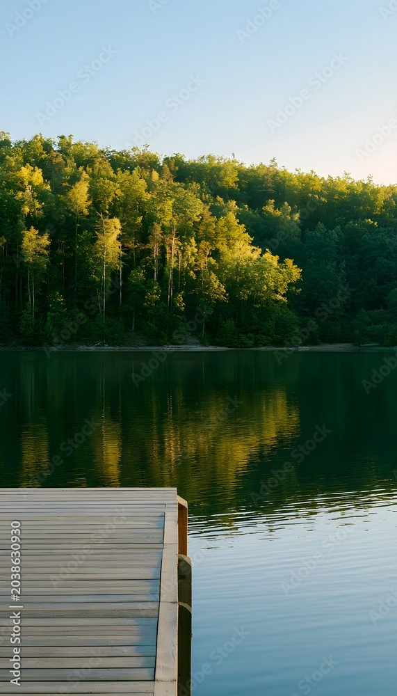 Obraz premium Tranquil lakeside pier reflects golden sunlight peaceful forest serene landscape photography evokes calm beauty