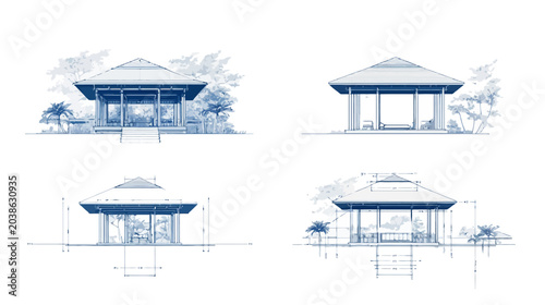 Architectural renderings showcase a structure with a tiled roof, surrounded by foliage
