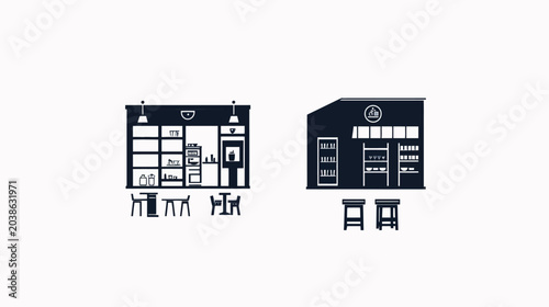 Black and white illustration of two stylized cafe storefronts, depicting interiors, chairs, and stools
