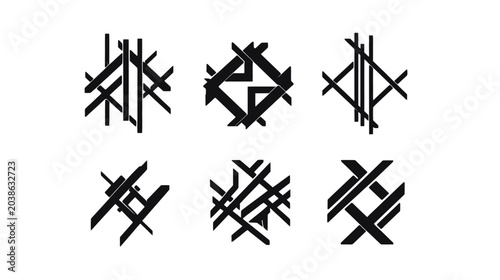 Six abstract, geometric designs, each composed of black, overlapping lines, set against a white background