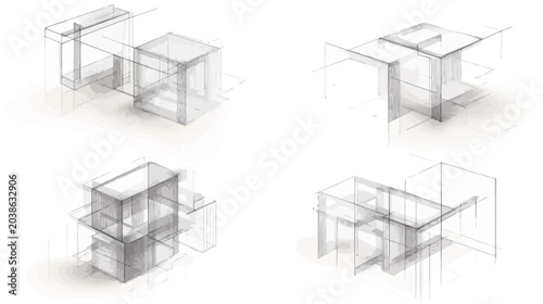 Four architectural sketches, each depicting geometric, semi-transparent structures