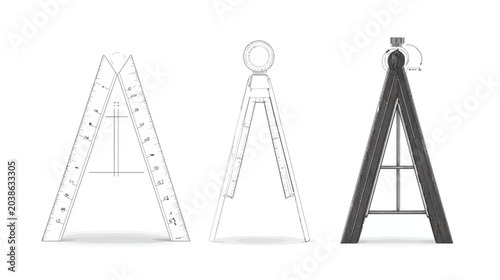 Three stylized, abstract representations of a draftsman's tool; white background