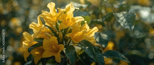 Close up view of vibrant Tecoma stans blossoms with green leaves