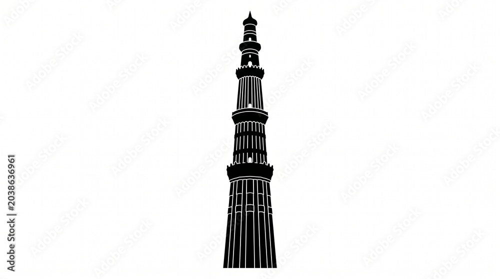 Obraz premium Quit Minar New Delhi Silhouette, Black Vector Icon of Historical Minaret Isolated on White