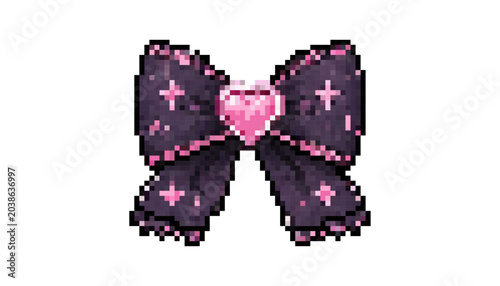 Cute dark pixel bow with pink heart detail in pastel y2k style