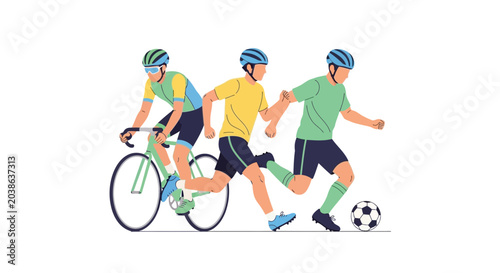 Schilderij op canvas Three athletes engaged in different sports activities including cycling running and playing soccer