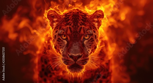 Fiery panther head electronic artwork with blazing backdrop