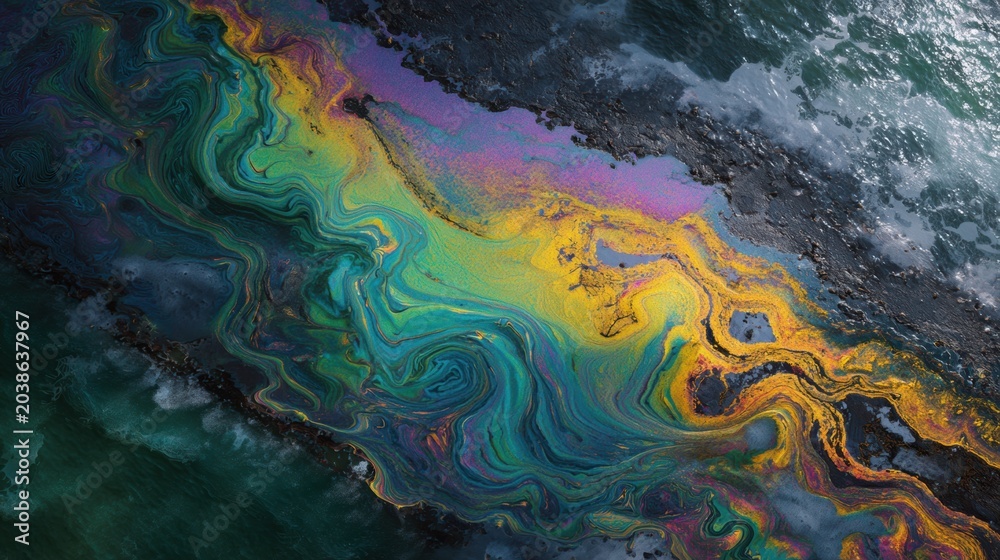 Fototapeta premium An oil spill forms unique patterns in the dark ocean, showcasing vibrant colors and swirling shapes in this aerial view of the water