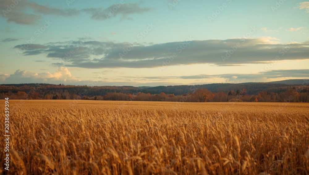 Obraz premium Golden field expanse touching distant autumn woodlands beneath a sky softened by clouds