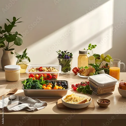 Fototapeta na wymiar A kitchen table with a variety of food and drink