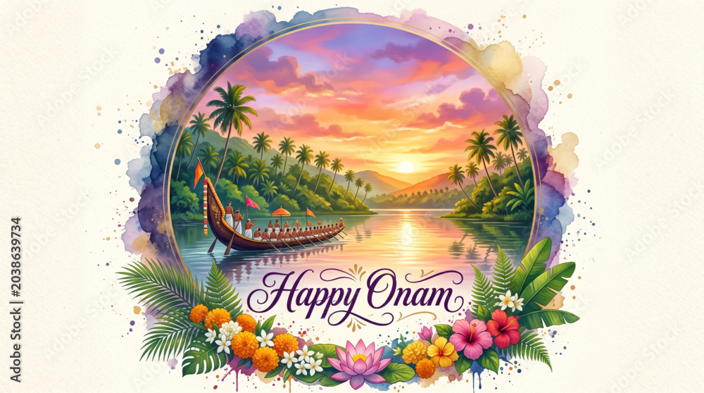 Fototapeta premium Happy Onam Festival Watercolor Illustration with Kerala Backwaters Snake Boat and Tropical Floral Design