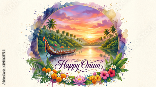 Happy Onam Festival Watercolor Illustration with Kerala Backwaters Snake Boat and Tropical Floral Design