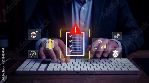 Digital Compliance Checklist and Risk Assessment concept with businessman reviewing online documents on laptop, audit management, cybersecurity standards, risk assessment, data protection, and corpora