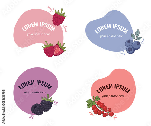 Abstract Blob Shapes Summer Backgrounds, Aesthetic Organic Fruit Text Frames, Modern Hand Drawn Berry Labels, Raspberry Blueberry Blackberry Badges, Printable Sticker Design Elements Collection