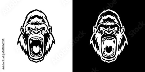Monochrome Gorilla Head Illustration with Aggressive Expression and Open Mouth.