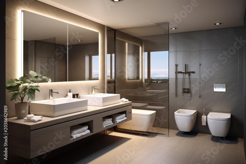 Modern bathroom featuring a dual vanity, floating sinks, backlit mirror, and bidet