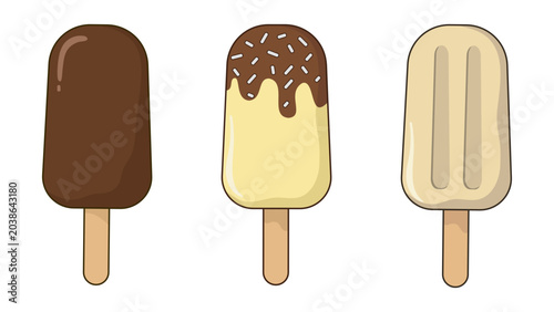 Set of Three Glazed Ice Cream Popsicles on Wooden Sticks, Flat Style Dessert Illustration with Sprinkles and Toppings