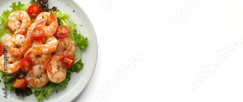 Obraz  z motywem Fresh shrimp and prawn salad displayed from top perspective with white copy space