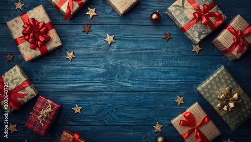Festive wrapped gifts on bl...