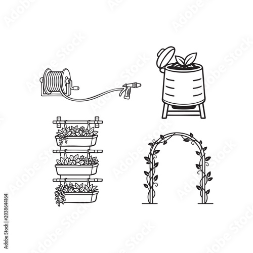 Minimalist Sustainable Gardening Icon Set Vector.featuring sustainable gardening elements including hose reel, compost bin, vertical garden, and decorative arch.