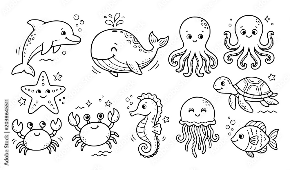Fototapeta premium Cute sea animals coloring page for kids, ocean creatures outline vector set