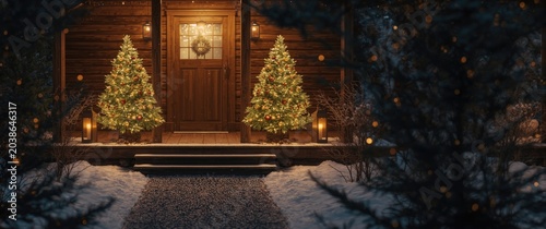 Decorated winter porch with...