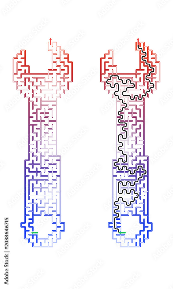 Fototapeta premium Complex wrench shaped maze with solution path. Red to blue gradient labyrinth puzzle of a mechanic tool. Problem solving and engineering concept