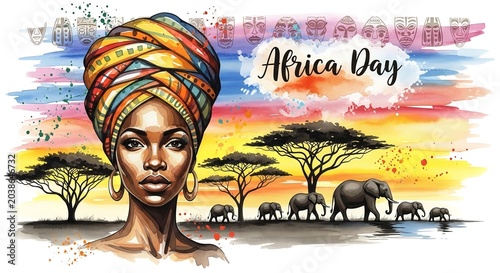 African Woman Portrait with Traditional Headwrap Celebrating Culture in Vibrant Sunset Landscape