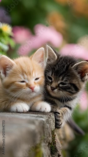 adorable tabby kittens sitting together on a stone wall with soft green bokeh background cute pet video.