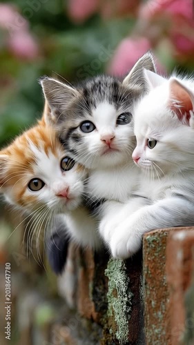 adorable tabby kittens sitting together on a stone wall with soft green bokeh background cute pet video.