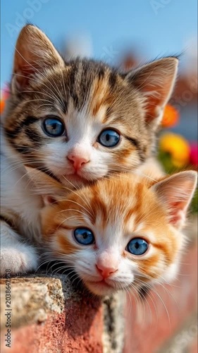 adorable tabby kittens sitting together on a stone wall with soft green bokeh background cute pet video.