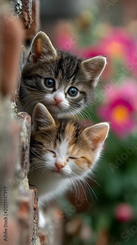 adorable tabby kittens sitting together on a stone wall with soft green bokeh background cute pet video.