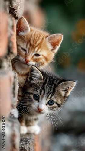 adorable tabby kittens sitting together on a stone wall with soft green bokeh background cute pet video.