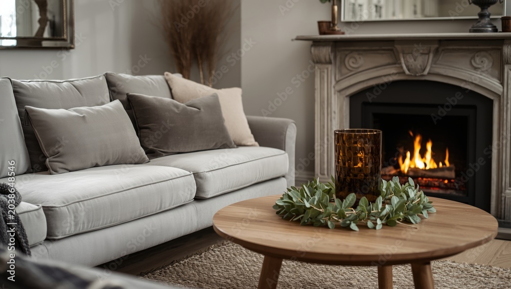 Obraz premium Cozy modern living space with a light grey velvet corner sofa and cushions beside a fireplace and a round wooden coffee table decorated with green autumn leaves