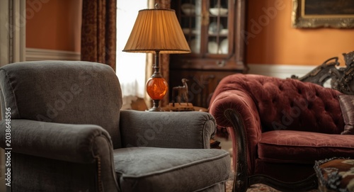 Cozy grey armchair beside l...
