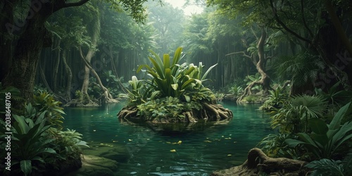 green aquatic landscape wit...