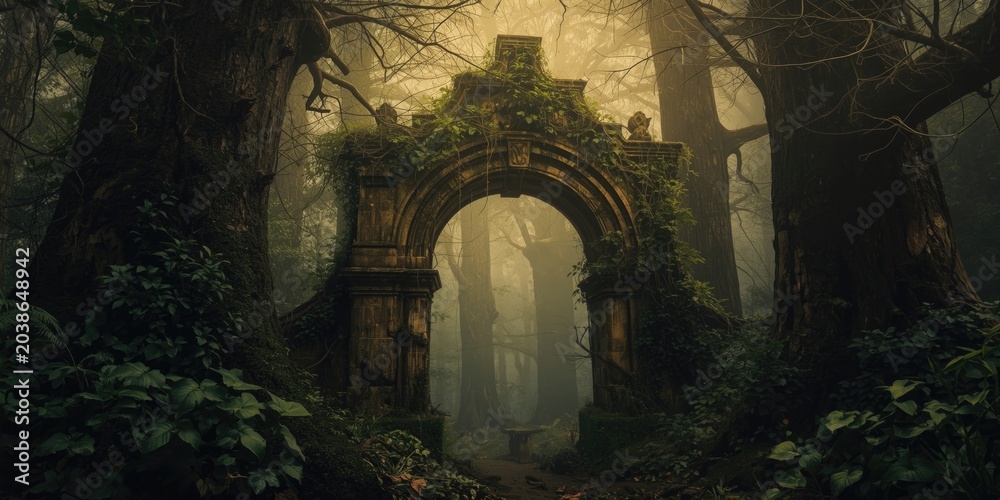 Obraz premium Dark misty fairy forest with an ancient archway suitable for background use in animated style