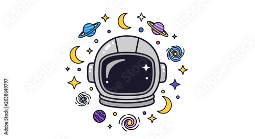 Obraz na płótnie Cartoon astronaut helmet surrounded by cosmic space elements.