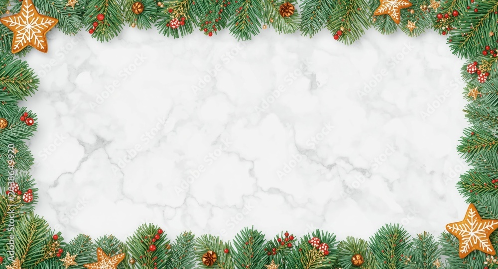 Obraz premium Festive holiday cookie with double border on white marble background and copy space