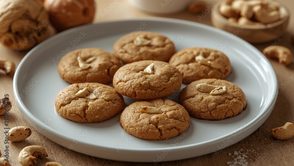 Fototapeta premium Fresh Cashew Nut Cookies Positioned on Matte White Plate for Serving