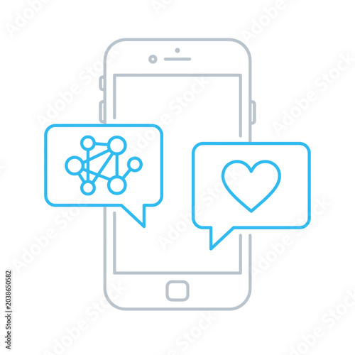 Conceptual digital representation of communication and connection through a smartphone interface showing a network of nodes and a positive sentiment icon within chat bubbles symbolizing digital