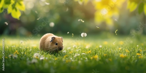 Energetic cavy investigating dandelion petals on fresh grass