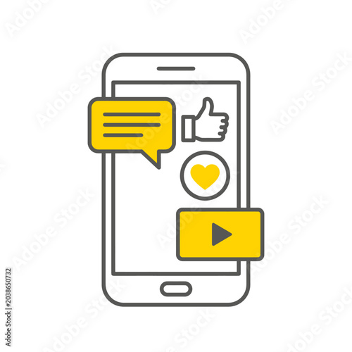 Visualizing communication and digital engagement through a smartphone displaying social media symbols like message bubbles approval gestures and media playback icons representing online