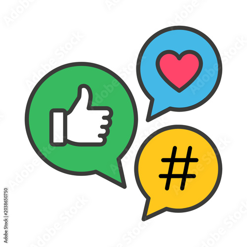Digital communication concept with social media symbols in speech bubbles representing likes hearts and hashtags illustrating online engagement and user interaction in a broadcast media